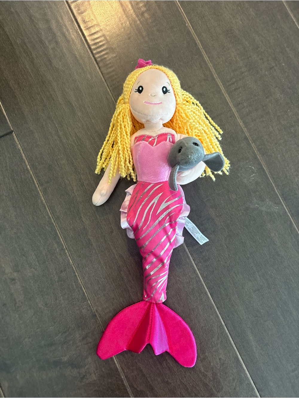Pink Mermaid Plush Stuffed Doll with Yellow Yarn Hair